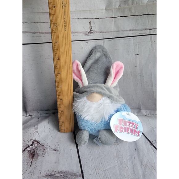 Bunny Ears Fuzzy Friends Blue Gnome 7" Plush Grey Hat Easter Bunny Gnome New - Picture 2 of 4